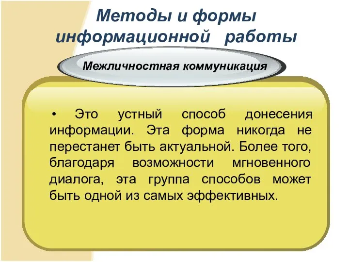 Методы и формы информационной работы Это устный способ донесения информации. Эта