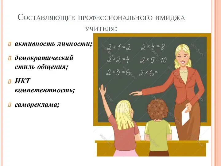 Составляющие профессионального имиджа учителя: активность личности; демократический стиль общения; ИКТ компетентность; самореклама;