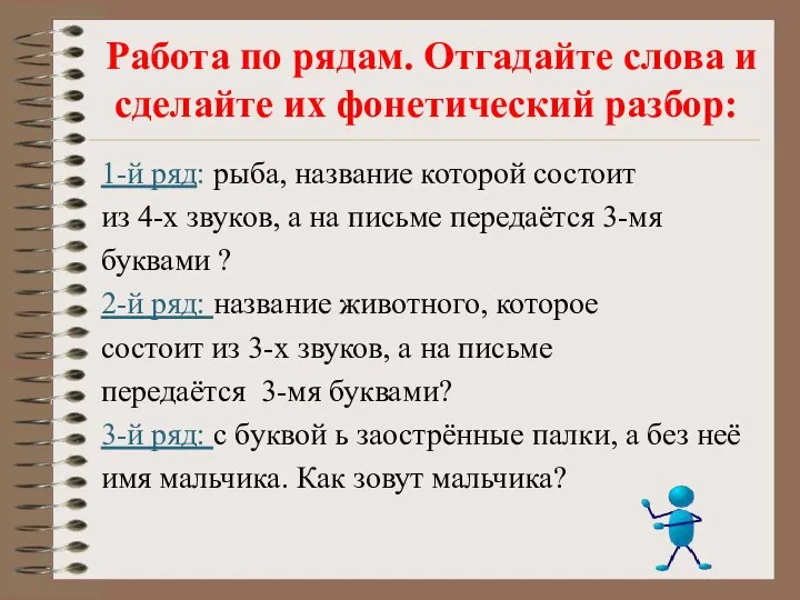 Работа по рядам. Отгадайте слова и сделайте их фонетический разбор: 1-й