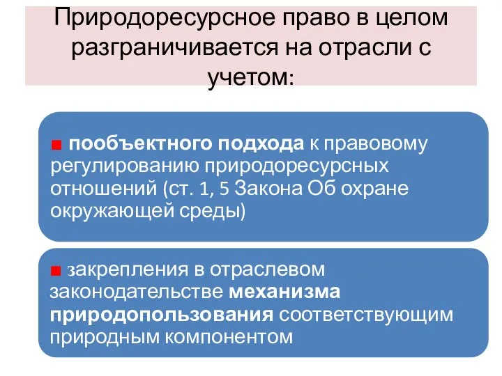 Природоресурсное право в целом разграничивается на отрасли с учетом: