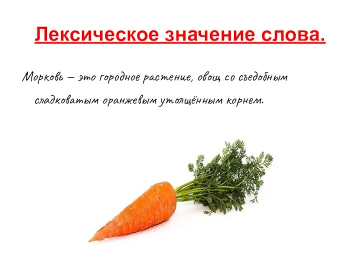 Лексическое значение слова. Морковь — это городное растение, овощ со съедобным сладковатым оранжевым утолщённым корнем.