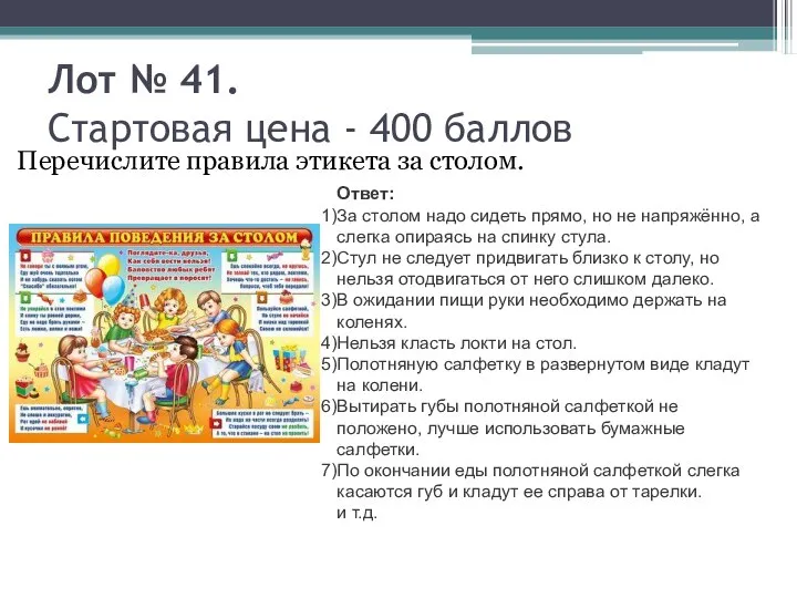 Лот № 41. Стартовая цена - 400 баллов Перечислите правила этикета