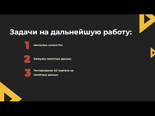 Задачи на дальнейшую работу: Настройка Lement Pro Загрузка пилотных данных Тестирование 4D портала на пилотных данных