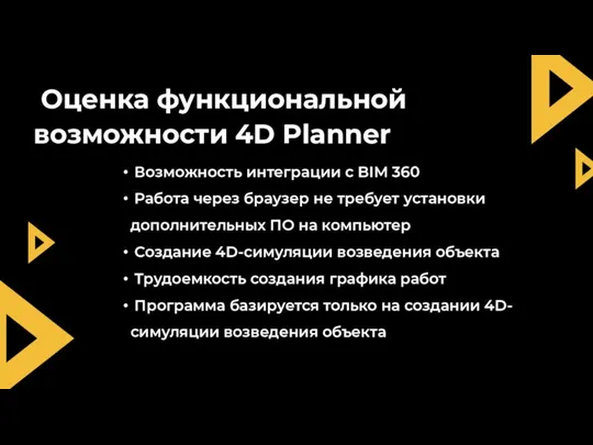 Оценка функциональной возможности 4D Planner Возможность интеграции с BIM 360 Работа