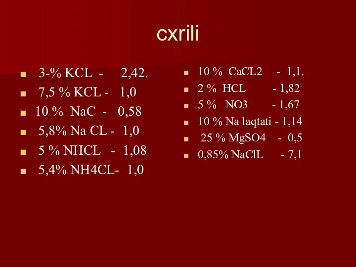 cxrili 3-% KCL - 2,42. 7,5 % KCL - 1,0 10