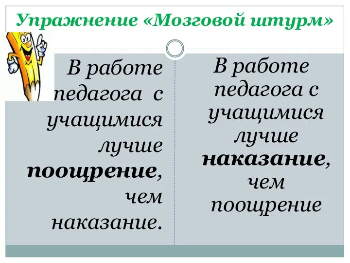 Упражнение «Мозговой штурм» В работе педагога с учащимися лучше поощрение, чем