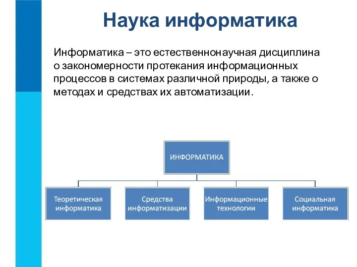 Наука информатика Информатика – это естественнонаучная дисциплина о закономерности протекания информационных