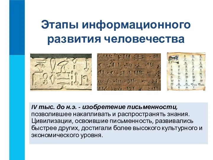 IV тыс. до н.э. - изобретение письменности, позволившее накапливать и распространять