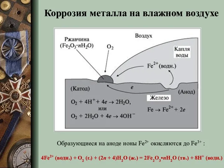 Коррозия металла на влажном воздухе Образующиеся на аноде ионы Fe2+ окисляются