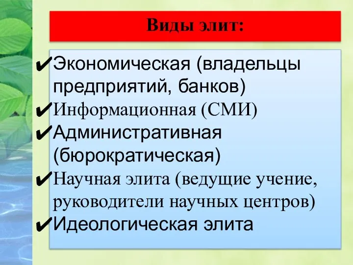 Виды элит: Экономическая (владельцы предприятий, банков) Информационная (СМИ) Административная (бюрократическая) Научная