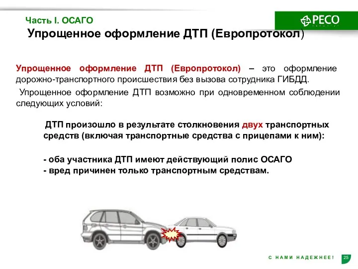 Часть I. ОСАГО Упрощенное оформление ДТП (Европротокол) Упрощенное оформление ДТП (Европротокол)