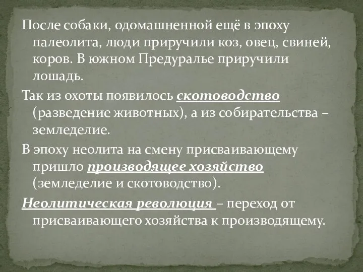 После собаки, одомашненной ещё в эпоху палеолита, люди приручили коз, овец,