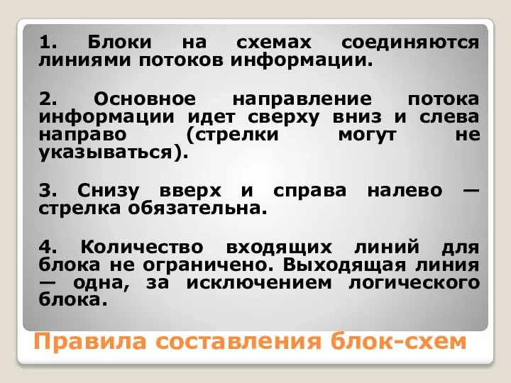 Правила составления блок-схем 1. Блоки на схемах соединяются линиями потоков информации.