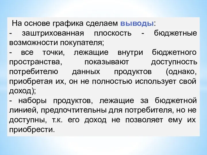 На основе графика сделаем выводы: - заштрихованная плоскость - бюджетные возможности