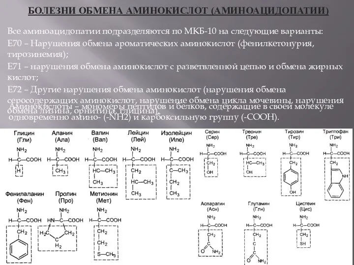 БОЛЕЗНИ ОБМЕНА АМИНОКИСЛОТ (АМИНОАЦИДОПАТИИ) Все аминоацидопатии подразделяются по МКБ-10 на следующие