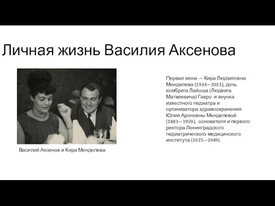 Личная жизнь Василия Аксенова Первая жена — Кира Людвиговна Менделева (1934—2013),
