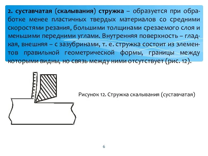 2. суставчатая (скалывания) стружка – образуется при обра-ботке менее пластичных твердых