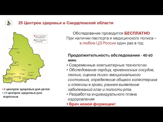 25 Центров здоровья в Свердловской области 6 центров здоровья для детей