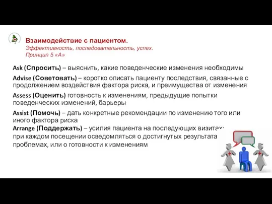 Взаимодействие с пациентом. Эффективность, последовательность, успех. Принцип 5 «А» Ask (Спросить)