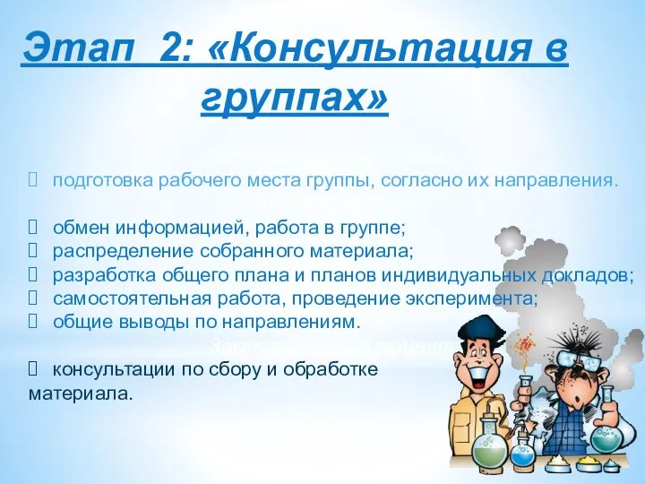 Этап 2: «Консультация в группах» Подготовительный момент: подготовка рабочего места группы,