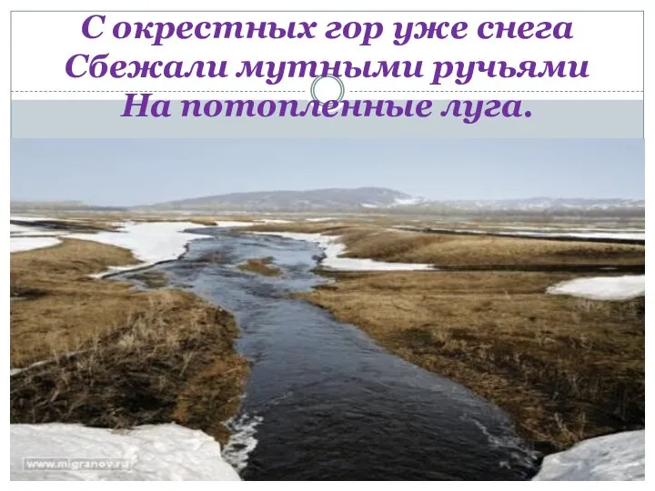 С окрестных гор уже снега Сбежали мутными ручьями На потопленные луга.