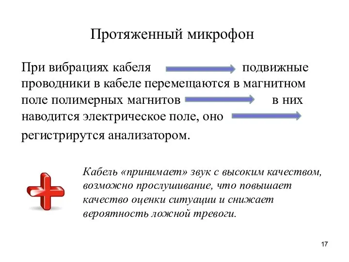 Протяженный микрофон При вибрациях кабеля подвижные проводники в кабеле перемещаются в