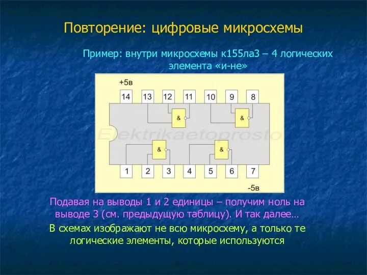 Повторение: цифровые микросхемы Пример: внутри микросхемы к155ла3 – 4 логических элемента