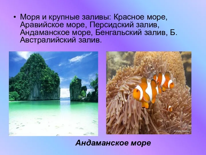 Моря и крупные заливы: Красное море, Аравийское море, Персидский залив, Андаманское