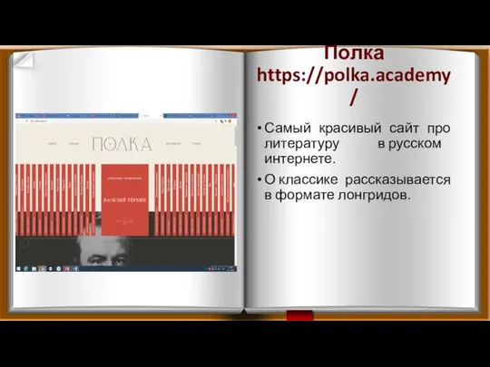 Полка https://polka.academy/ Самый красивый сайт про литературу в русском интернете. О классике рассказывается в формате лонгридов.