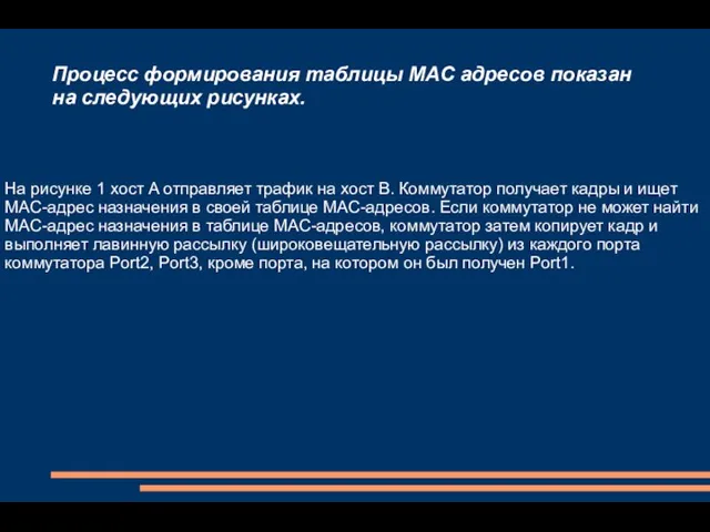 Процесс формирования таблицы MAC адресов показан на следующих рисунках. На рисунке