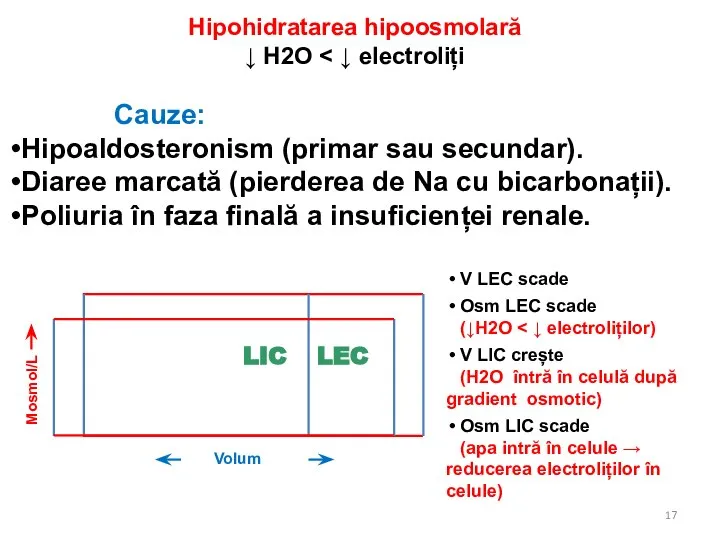 Hipohidratarea hipoosmolară ↓ H2O Cauze: Hipoaldosteronism (primar sau secundar). Diaree marcată