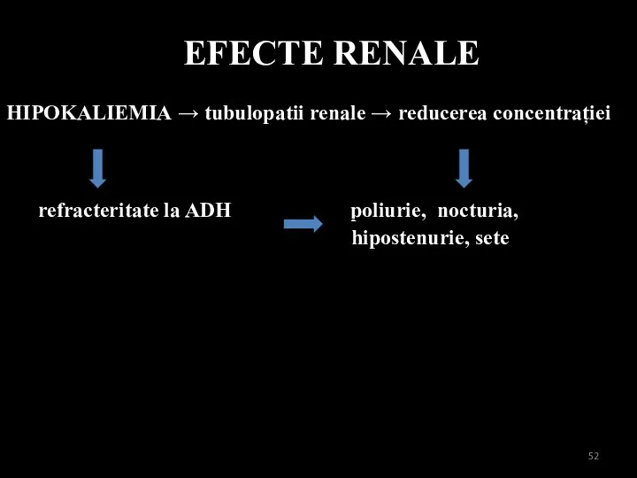 EFECTE RENALE HIPOKALIEMIA → tubulopatii renale → reducerea concentrației refracteritate la ADH poliurie, nocturia, hipostenurie, sete