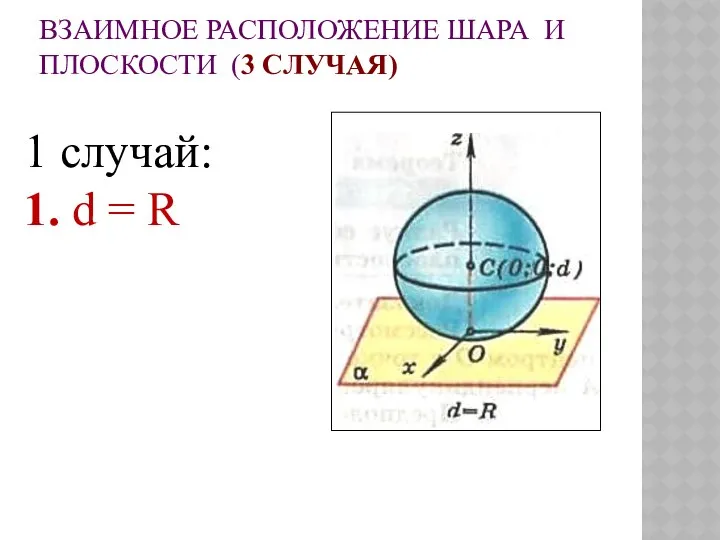 ВЗАИМНОЕ РАСПОЛОЖЕНИЕ ШАРА И ПЛОСКОСТИ (3 СЛУЧАЯ) 1 случай: 1. d = R