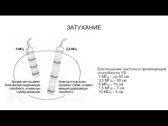 ЗАТУХАНИЕ Соотношение частоты и проникающей способности УЗ: 1 МГц – до