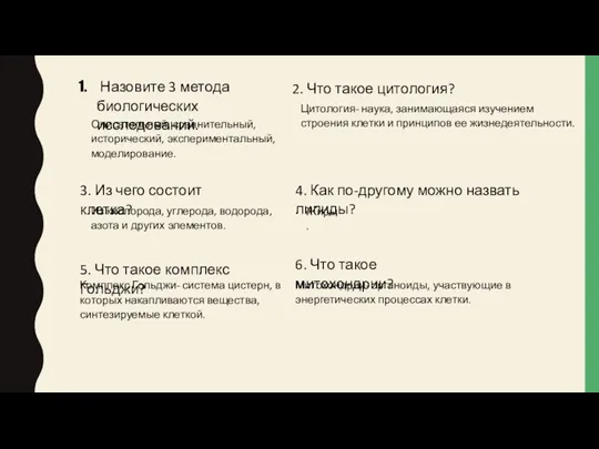 Назовите 3 метода биологических исследований. Описательный, сравнительный, исторический, экспериментальный, моделирование. 2.