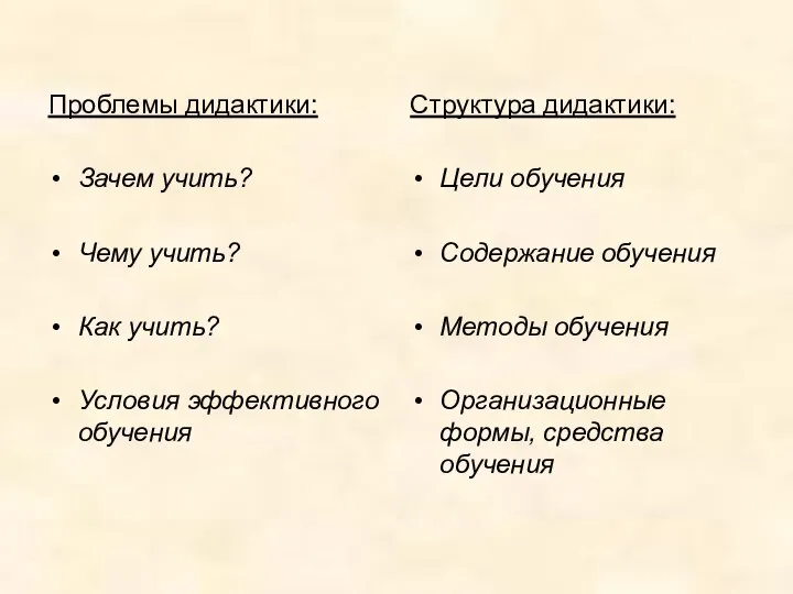 Проблемы дидактики: Зачем учить? Чему учить? Как учить? Условия эффективного обучения