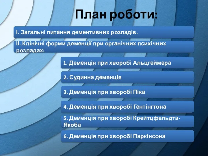 План роботи: І. Загальні питання дементивних розладів. ІІ. Клінічні форми деменції