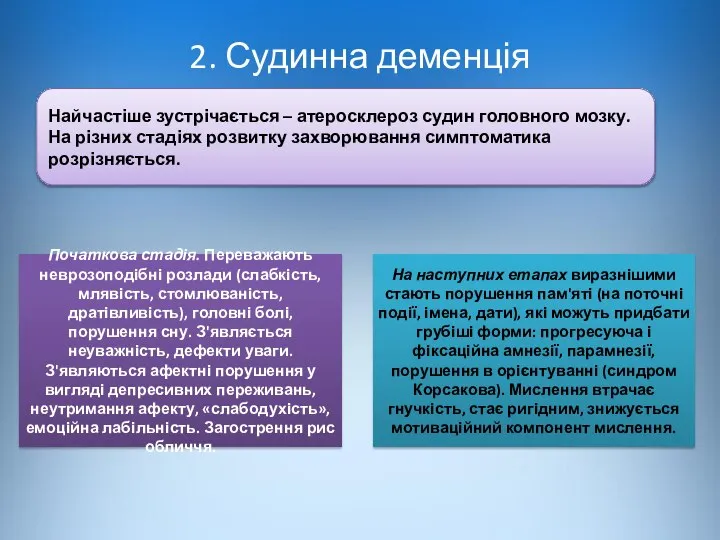 2. Судинна деменція Найчастіше зустрічається – атеросклероз судин головного мозку. На