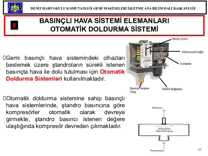 Gemi basınçlı hava sistemindeki cihazları beslemek üzere ştandroların sürekli istenen basınçta