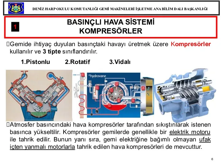 BASINÇLI HAVA SİSTEMİ KOMPRESÖRLER Gemide ihtiyaç duyulan basınçtaki havayı üretmek üzere