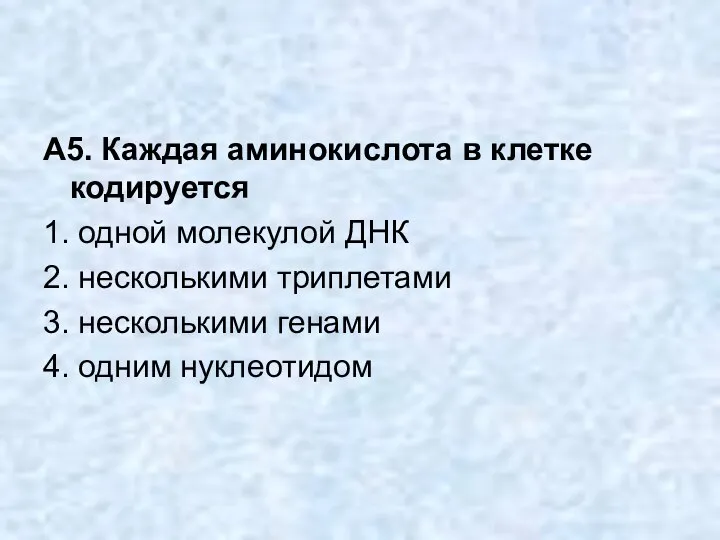 А5. Каждая аминокислота в клетке кодируется 1. одной молекулой ДНК 2.