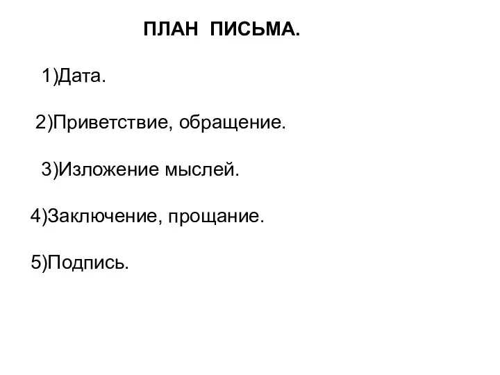 ПЛАН ПИСЬМА. 1)Дата. 2)Приветствие, обращение. 3)Изложение мыслей. 4)Заключение, прощание. 5)Подпись.