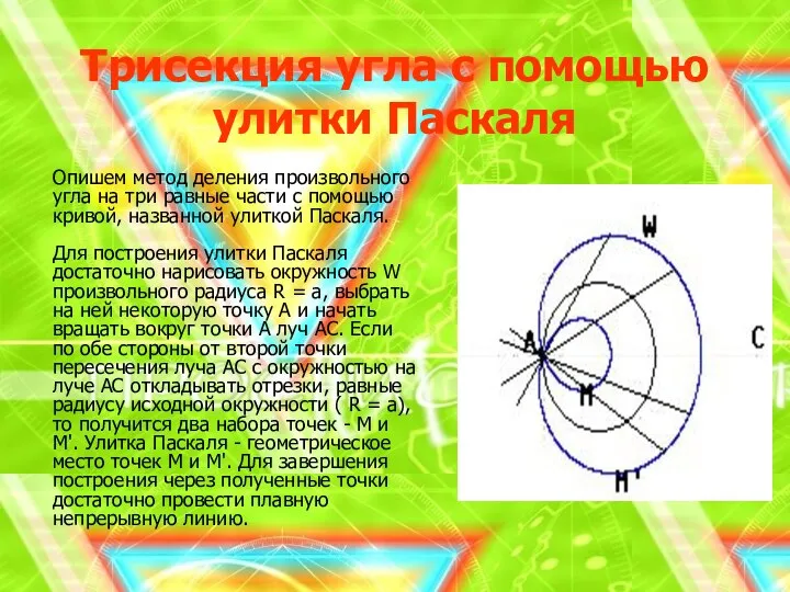 Трисекция угла с помощью улитки Паскаля Опишем метод деления произвольного угла