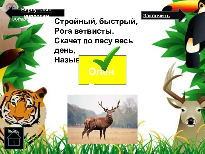 Стройный, быстрый, Рога ветвисты. Скачет по лесу весь день, Называется… Закончить