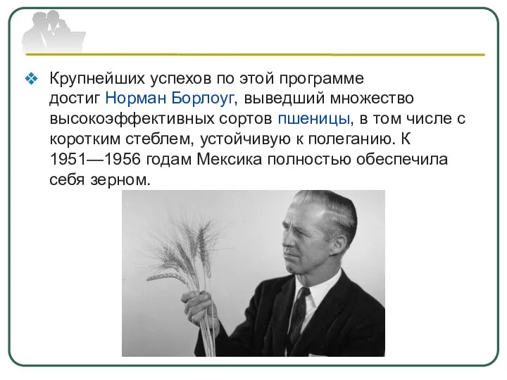 Крупнейших успехов по этой программе достиг Норман Борлоуг, выведший множество высокоэффективных