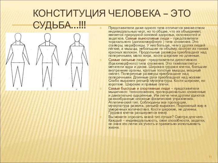 КОНСТИТУЦИЯ ЧЕЛОВЕКА – ЭТО СУДЬБА…!!! Представители даже одного типа отличатся множеством