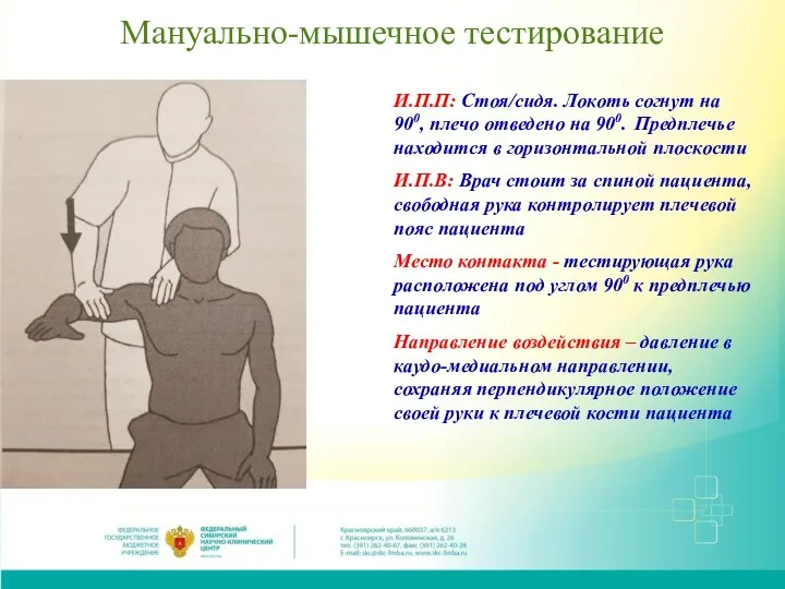 Мануально-мышечное тестирование И.П.П: Стоя/сидя. Локоть согнут на 900, плечо отведено на