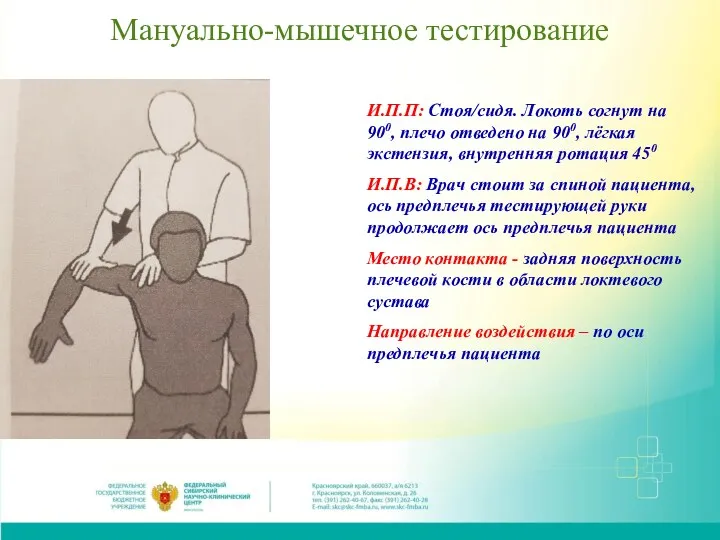 Мануально-мышечное тестирование И.П.П: Стоя/сидя. Локоть согнут на 900, плечо отведено на