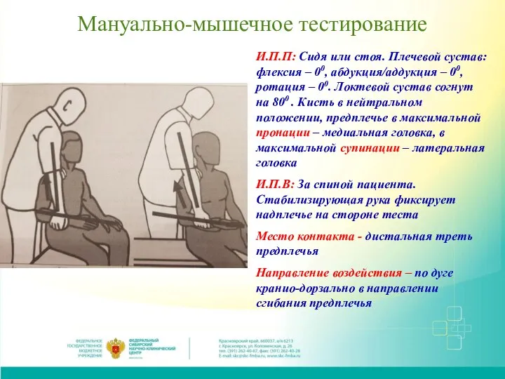 Мануально-мышечное тестирование И.П.П: Сидя или стоя. Плечевой сустав: флексия – 00,