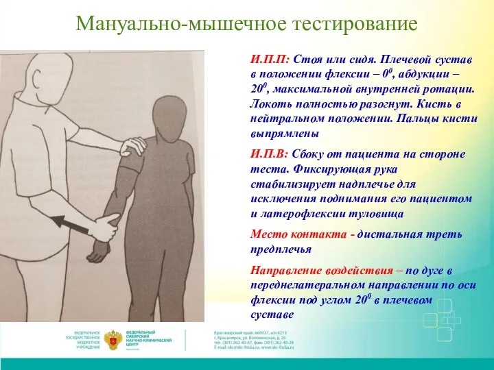 Мануально-мышечное тестирование И.П.П: Стоя или сидя. Плечевой сустав в положении флексии